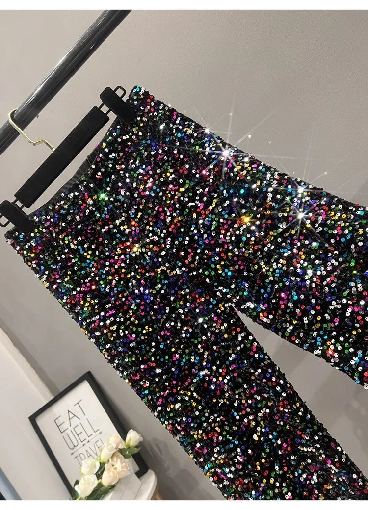 2024 Spring Street Style New Suede Sequin High Waist Straight Pants Slim Pants Women's Sparkling Wide Leg Pants