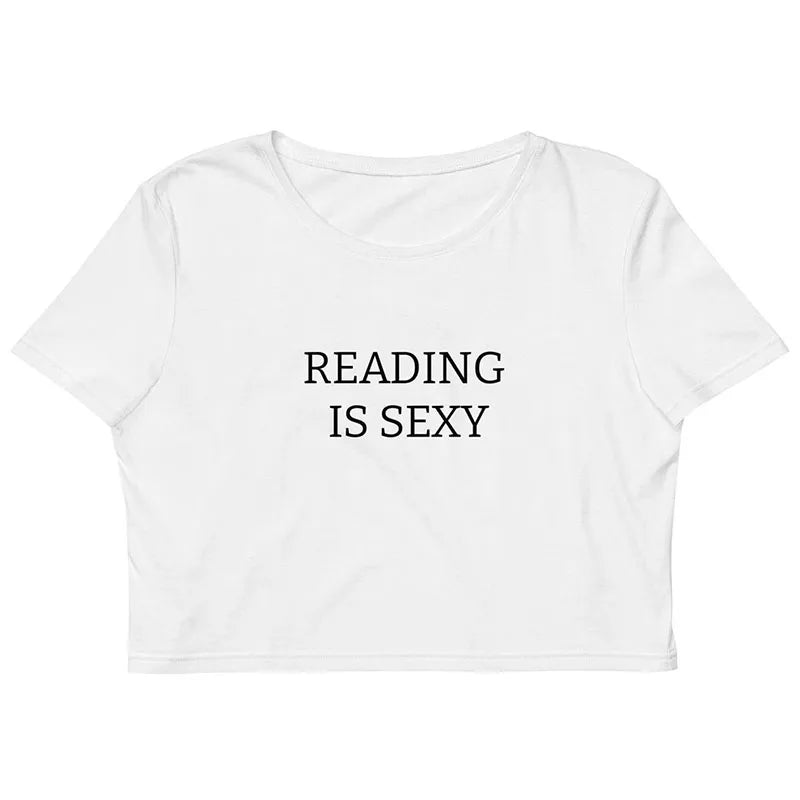 Reading is Sexy Letters Printing Women Short Sleeve Crop Tops Summer Cotton Slim Sexy Shirts White Street Fashion Y2K Tees