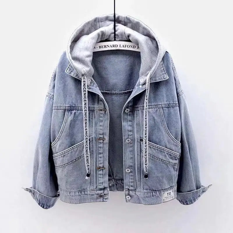 Women Denim Coat Spring Autumn Long Sleeves Hooded Jacket Korean Big Pockets Jean Jacket for Women Fashion Single-breasted Tops